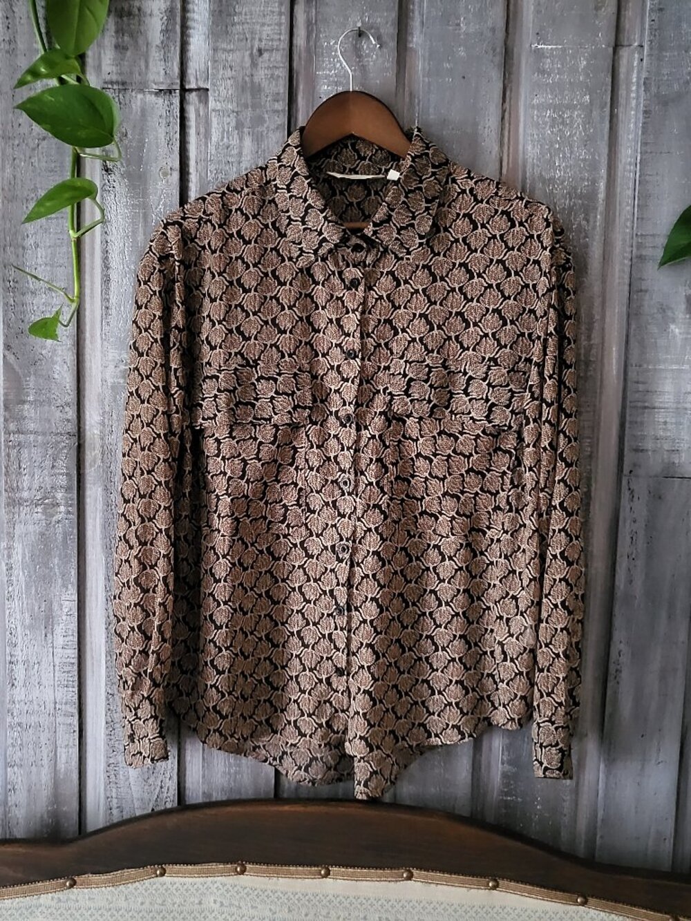 Patterned Button Down Shirt Long Sleeve Blouse Women Size L